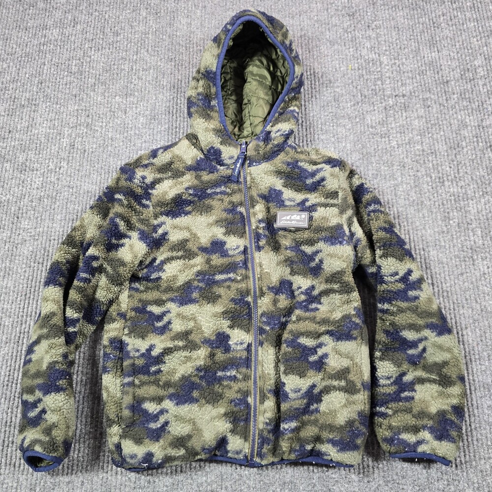 Eddie Bauer Reversible Puffer Jacket Youth 7-8 Green Camo Fleece Hooded Warm